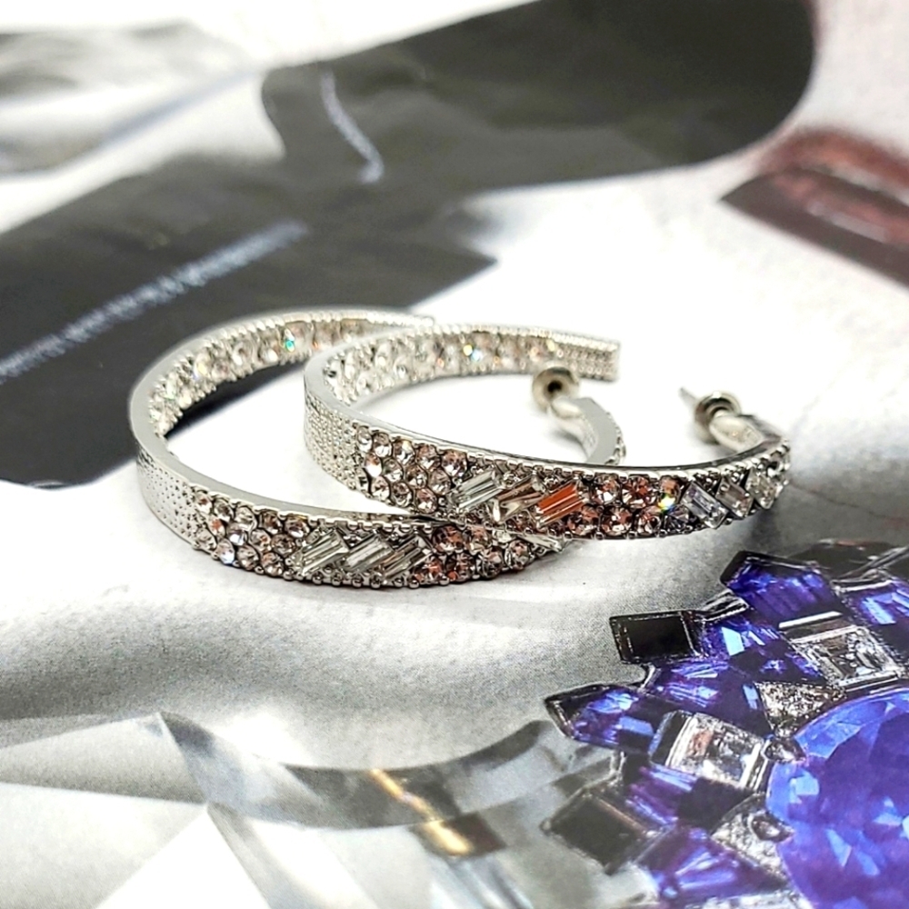 NWT Elegant Crystal Baguette  Inside Outside Hoop Silver Earrings